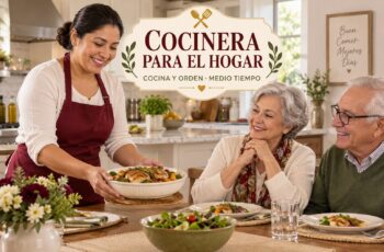 Cocinera para hogar sirviendo alimentos a una pareja mayor