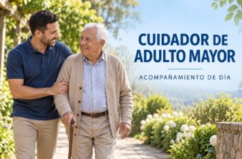 Cuidador acompañando a un adulto mayor durante el día