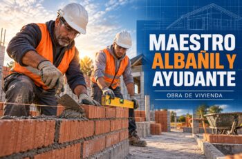 Maestro albañil y ayudante trabajando en una vivienda
